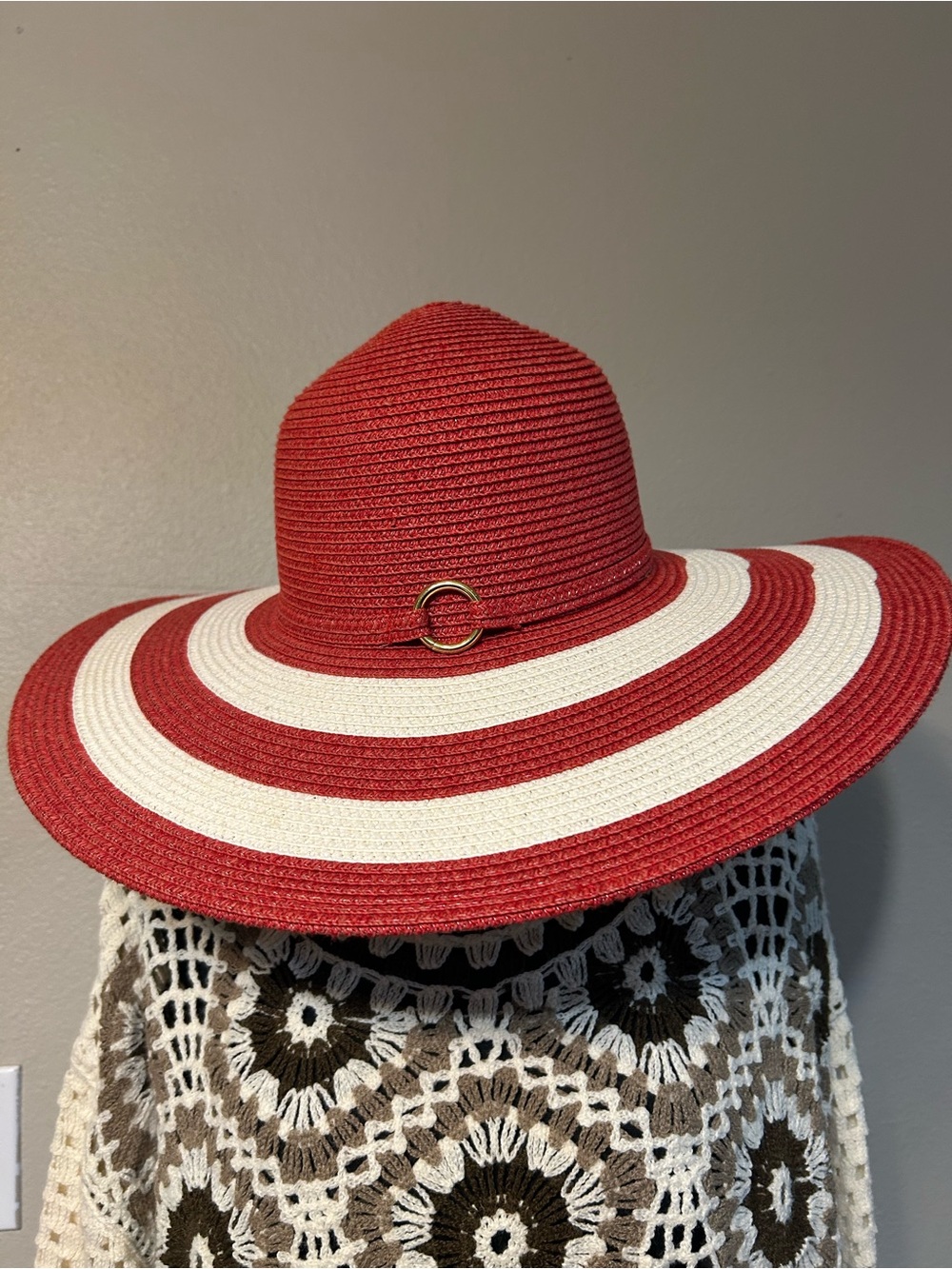 Charming Charlie Wide Brim Floppy Sun Hat Rust Ivory Striped Beach Resort